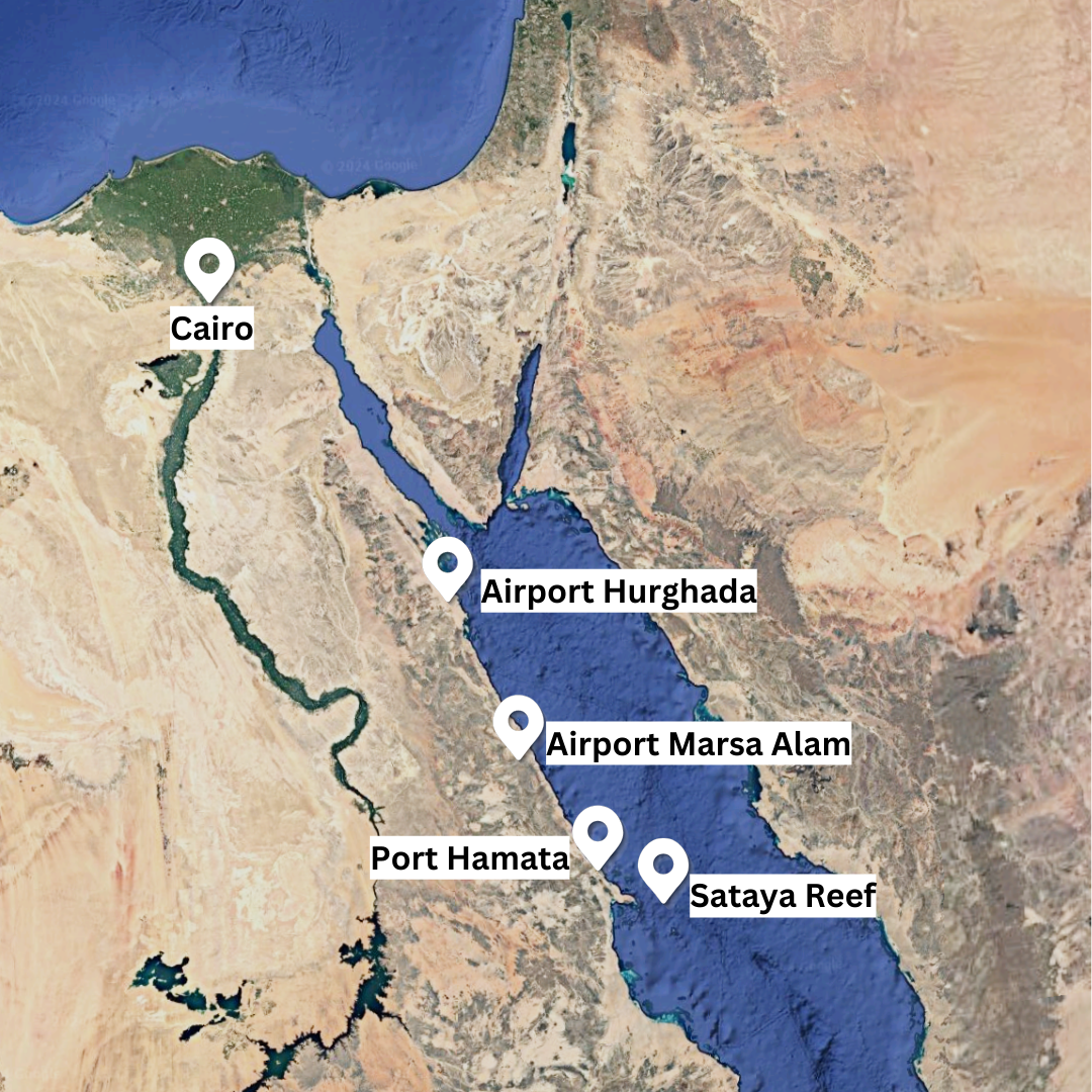 Map showing Hurghada and Marsa Alam airports, Port Hamata, and Sataya Reef
