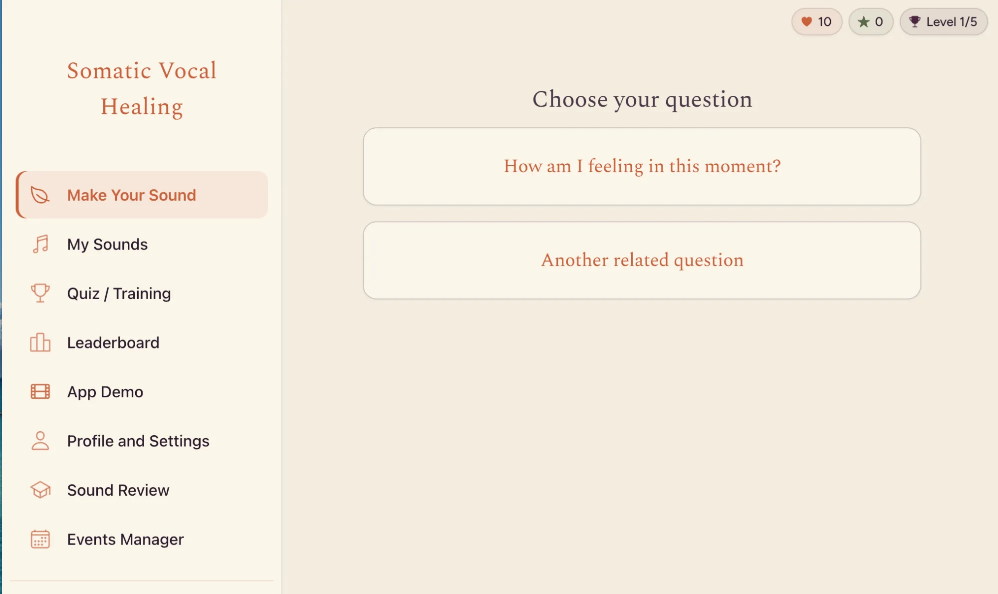 Choosing a question to sound in the Somatic Vocal Healing app